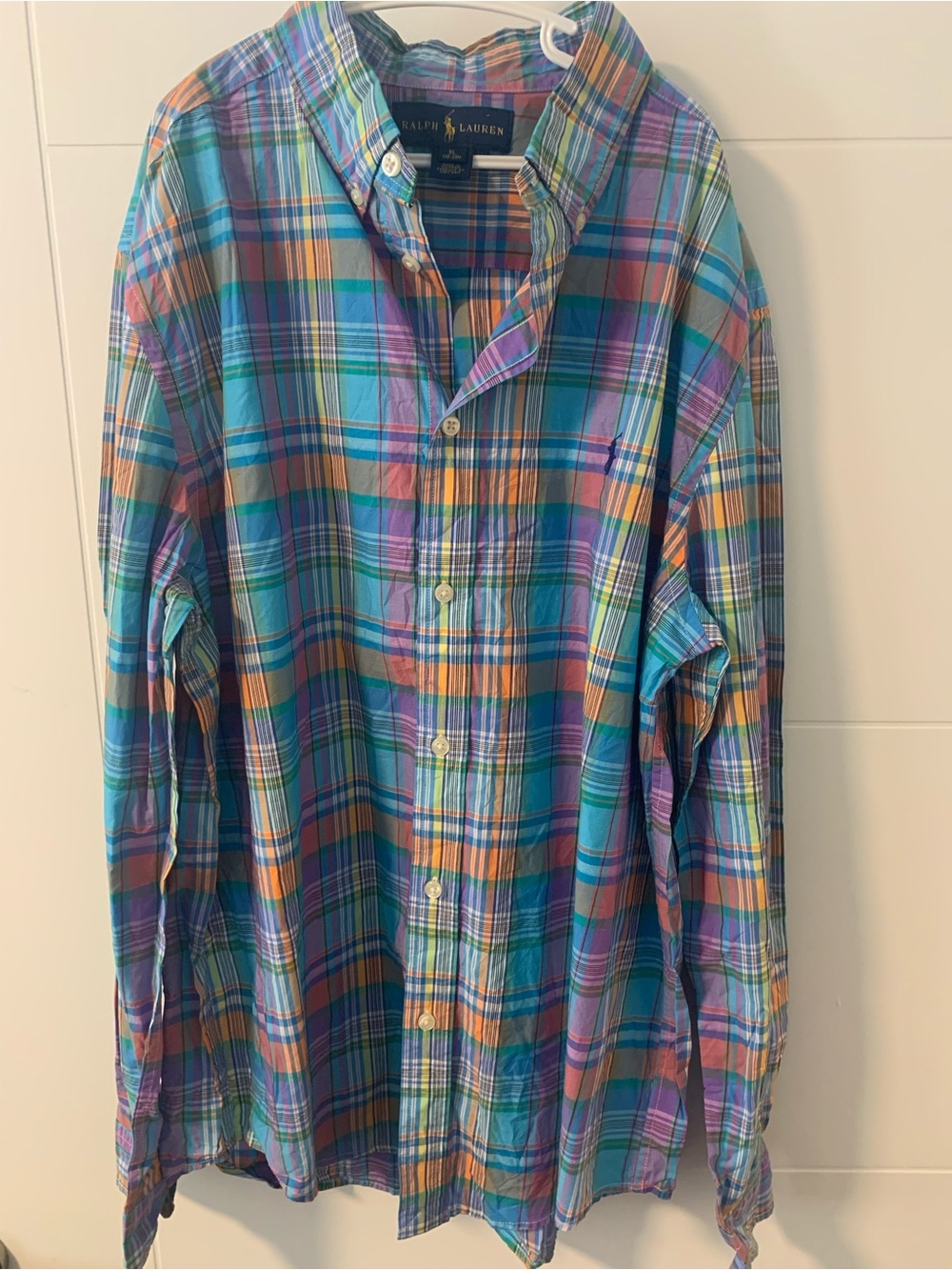 Ralph Lauren Teal Blue Green Purple Orange Plaid Button-Down Shirt -A17